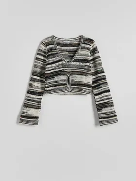 Sweter o krótszym fasonie, wykonany z wielokolorowej dzianiny z bawełną. - wielobarwny