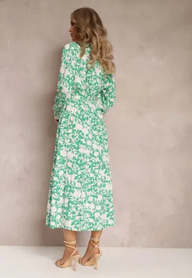 Zielona Sukienka Kopertowa w Kwiaty z Wiązanym Paskiem Faerise