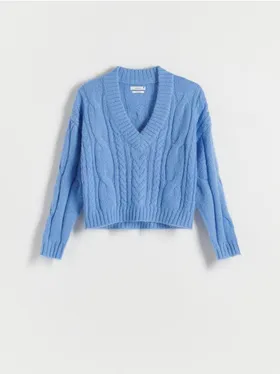 Sweter z kolekcji PREMIUM, wykonany z dzianiny z wełną. - niebieski