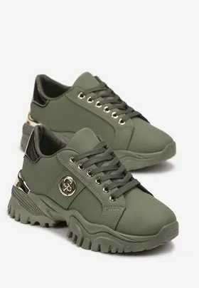 Zielone Sneakersy przed Kostkę z Metalicznym Zdobieniem na Grubej Podeszwie Umsine