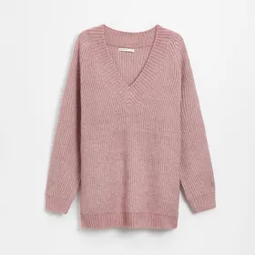 Długi sweter z dekoltem w serek różowy - Różowy