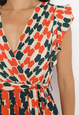Pomarańczowa Rozkloszowana Midi Sukienka w Geometryczny Wzór z Gumką w Talii Elizzel