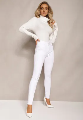 Białe Jeansy Regular Waist o Fasonie Skinny z Zapięciem na Guzik i Suwak Efraim