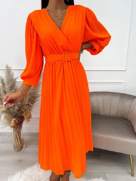 Neonowa Pomarańczowa Plisowana Sukienka z Paskiem