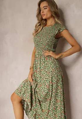 Zielona Rozkloszowana Sukienka z Wiskozy w Kwiaty Evanitte