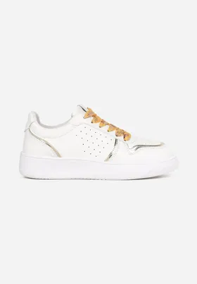 Biało-Złote Sneakersy z Błyszczącymi Wstawkami i Dekoracyjnym Sznurowaniem Horustia