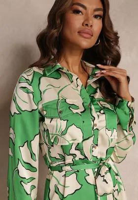 Zielona Sukienka Koszulowa z Wiązanym Paskiem Rume