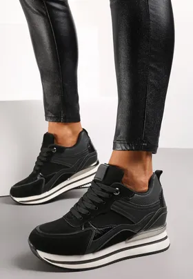 Czarne Sneakersy na Platformie i Ukrytej Koturnie z Metalicznymi Wstawkami Neness