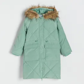 Pikowany płaszcz ze sztucznym futrem - Zielony