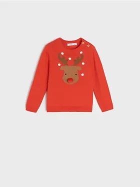 Sweter z motywem świątecznym, wykonany z bawełnianej dzianiny. - czerwony