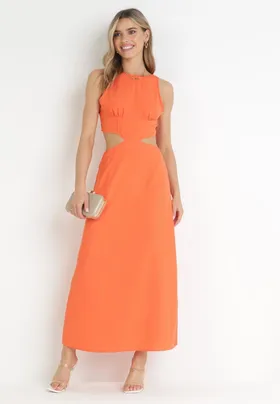 Pomarańczowa Trapezowa Sukienka Maxi z Wycięciami Amandika