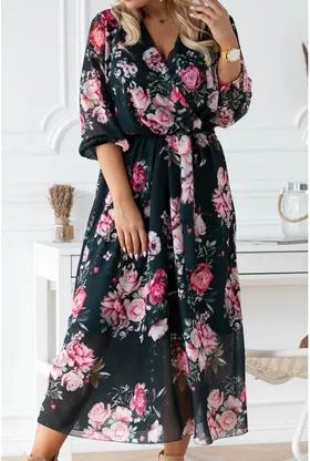Ciemnozielona sukienka maxi w kwiaty z kopertowym dekoltem - ADELA