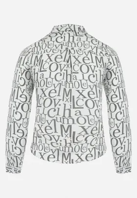 Biała Wiskozowa Koszula w Modny Print z Długim Rękawem Mustacie