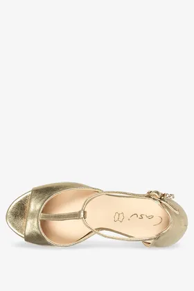 Złote sandały skórzane damskie szpilki t-bar z zakrytą piętą ozdoba produkt polski casu 2477-703