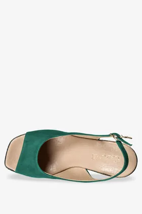 Zielone sandały skórzane damskie na kolorowym koturnie z ozdobą produkt polski casu 2336
