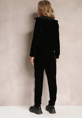 Czarny Welurowy Komplet Dresowy 2-Częściowy Bluza na Suwak i Spodnie na Gumce Ozdobiony Lampasami Yamase