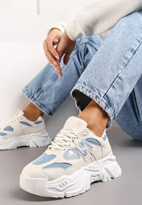 Beżowo-Niebieskie Sneakersy na Platformie Ozdobione Naszywką Nivaler