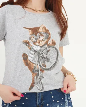 Szary t-shirt damski z nadrukiem kota - Odzież - Szary