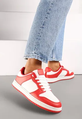 Czerwone Sznurowane Sneakersy na Płaskiej Podeszwie z Imitacji Skóry Bioriana