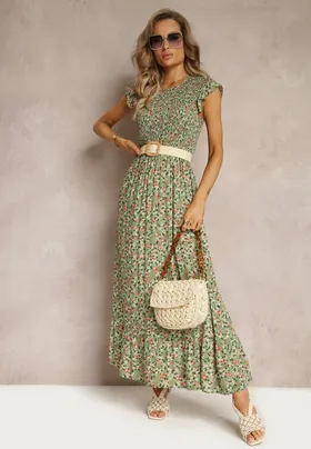 Zielona Rozkloszowana Sukienka z Wiskozy w Kwiaty Evanitte