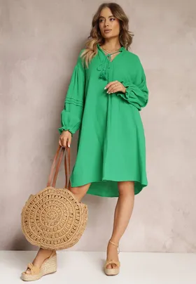 Zielona Sukienka Mini z Bawełny z Ozdobnymi Rękawami i Wiązaniem przy Dekolcie Shamika