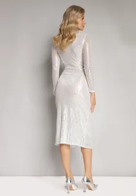 Biała Cekinowa Sukienka Midi z Kopertowym Dekoltem i Wiązaniem Hadora