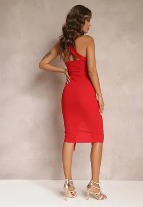 Czerwona Koktajlowa Sukienka Midi na Jedno Ramię z Rozcięciem Acatana