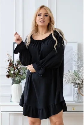 Czarna sukienka hiszpanka z czarną falbanką przy dekolcie - RENEL