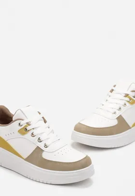 Biało-Ciemnobeżowe Sneakersy z Metaliczną Wstawką na Podeszwie Giacobbe