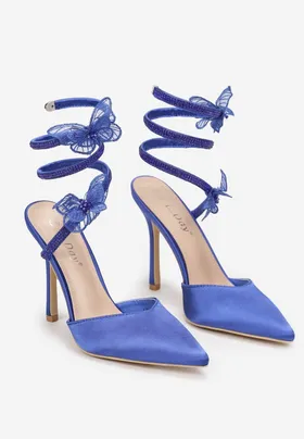 Niebieskie Sandały na Szpilce z Cyrkoniami i Motylkami Eevi