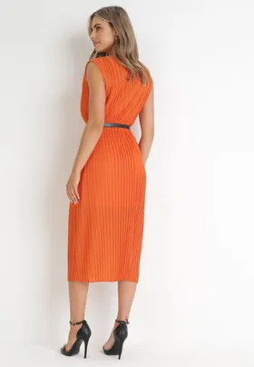Pomarańczowa Plisowana Sukienka Midi z Paskiem z Imitacji Skóry Sharia