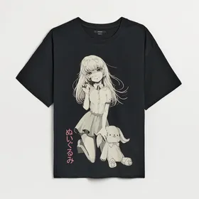 Luźna koszulka z motywem anime czarna - Czarny