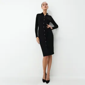 Prążkowana sukienka midi - Czarny