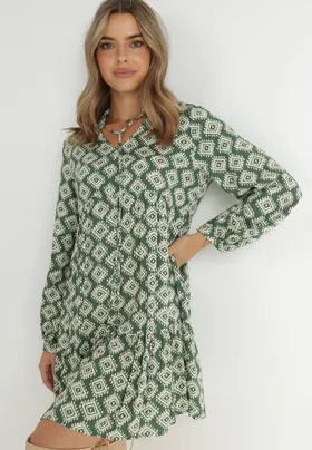 Zielona Sukienka Rozkloszowana w Geometryczny Wzór Zirami