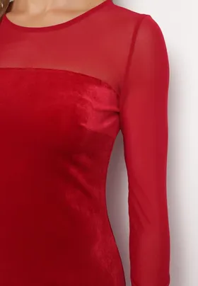 Czerwona Welurowa Sukienka Maxi z Siateczką i Ozdobnym Rozcięciem Lavella