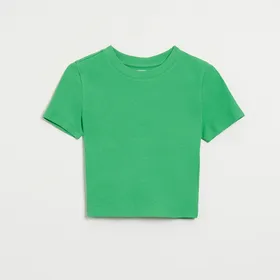 Krótka koszulka z dzianiny w prążki Basic zielona - Zielony