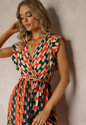 Pomarańczowa Midi Sukienka o Rozkloszowanym Fasonie w Geometryczny Wzór z Falbankami Airon