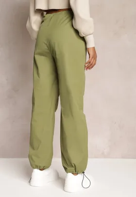 Zielone Szerokie Spodnie ze Stoperami i Marszczoną Talią Nirli