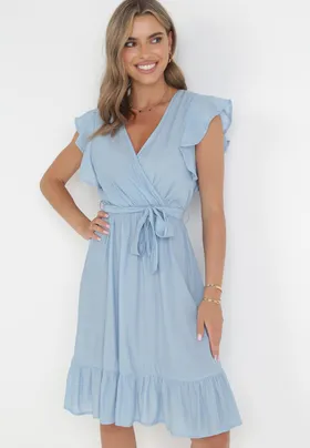 Niebieska Rozkloszowana Sukienka z Gumką w Pasie Pabelin