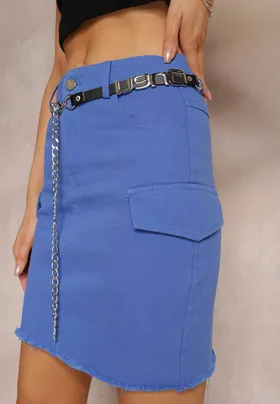 Niebieska Ołówkowa Spódnica Mini z Imitacją Kieszeni i Dodatkowym Paskiem Josaria