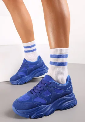 Niebieskie Sneakersy z Cholewką przed Kostkę z Przeszyciami na Grubej Podeszwie Bateny