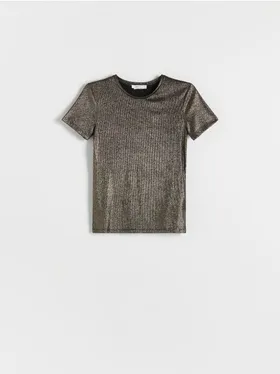 T-shirt o regularnym fasonie, wykonany z elastycznej dzianiny z metalicznym wykończeniem. - czarny