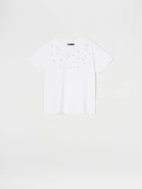 Koszulka w kolorze białym ozdobiona cyrkoniami. - biały