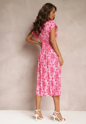 Różowa Wiskozowa Sukienka Maxi w Kwiaty z Gumką w Talii Divina