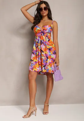 Pomarańczowa Mini Sukienka w Kwiatowy Print z Kopertowym Dekoltem Hirlan