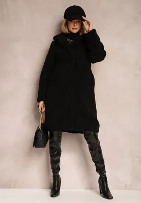 Czarny Płaszcz Oversize z Pluszowego Futerka Jillo