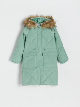 Pikowany płaszcz ze sztucznym futrem - Zielony