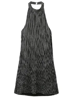 Srebrna sukienka plisowana, z dekoltem halter, z odkrytymi plecami