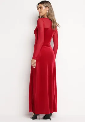 Czerwona Welurowa Sukienka Maxi z Siateczką i Ozdobnym Rozcięciem Lavella
