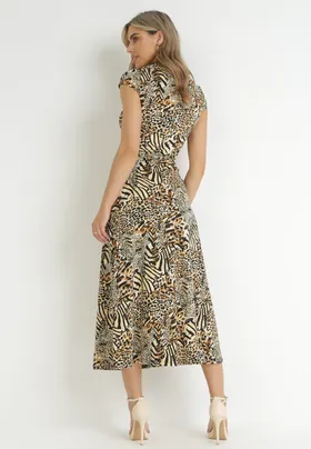 Beżowa Kopertowa Sukienka Maxi z Wiązaniem w Talii ze Zwierzęcym Wzorem Araxie